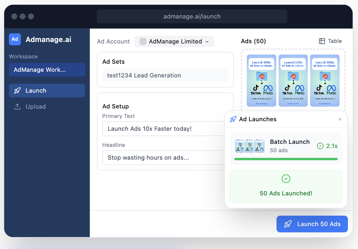 The AdManage launcher sending a batch of ads live across Meta and TikTok in one click